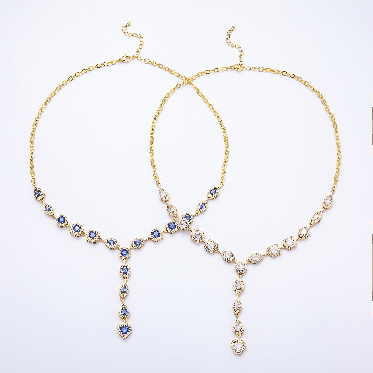 16K Gold Filled 7.5mm Blue, Clear Multi Cut Micro Paved CZ Half Cable Lariat Chain 17 Inch Necklace | WA-00026 WA-02620