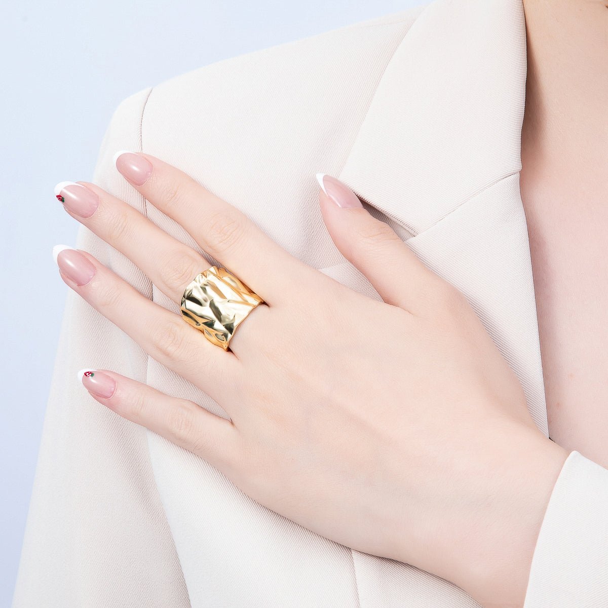16K Gold Filled Minimalist Hammered Foil Wide Band Ring | Rings-00309