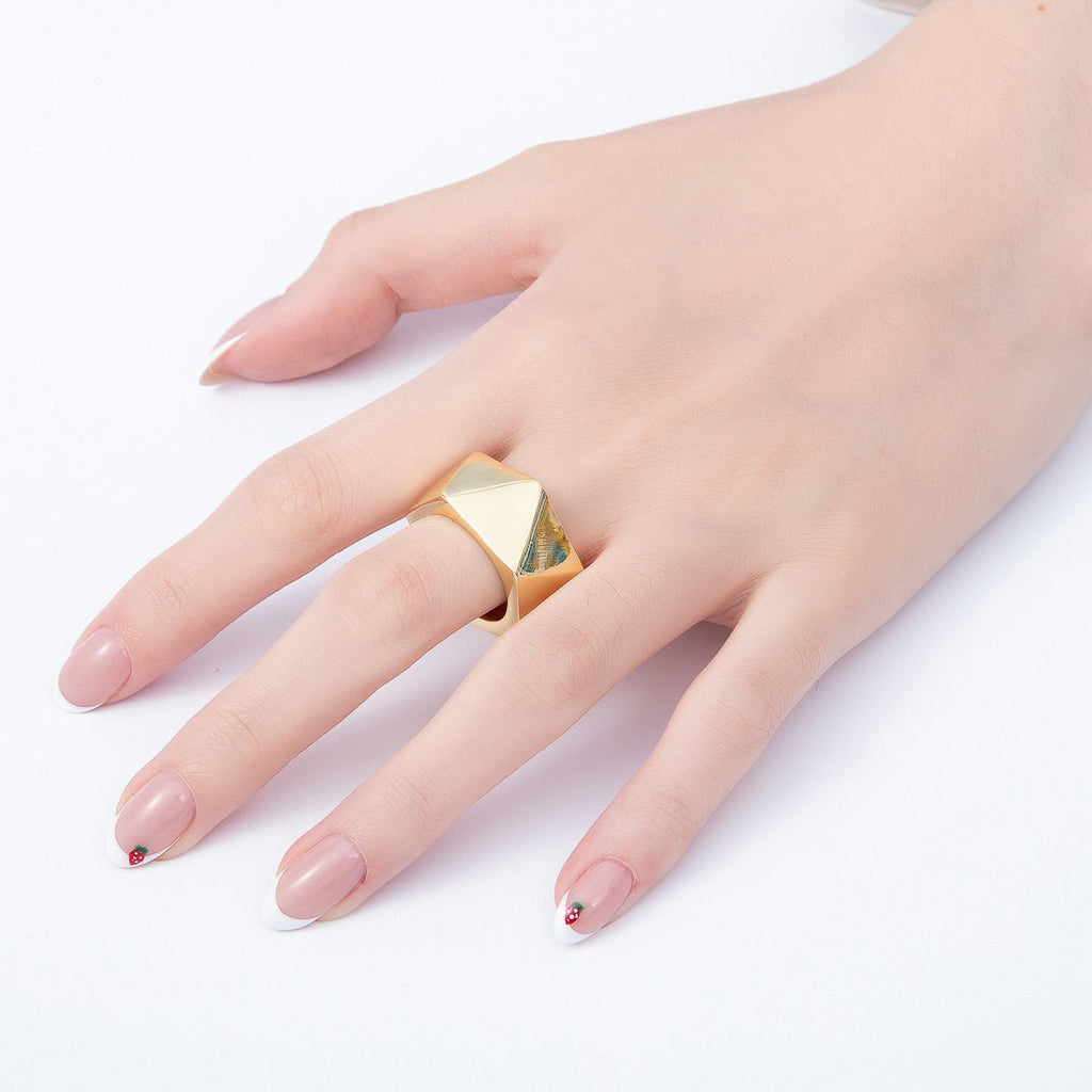 16K Gold Filled Minimalist Multifaceted Geometric Wide Band Ring | Rings-00308