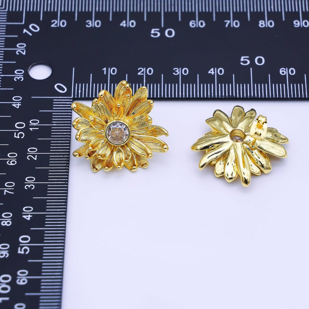 24K Gold Filled 27mm Clear Round CZ Flower Textured Stud Earrings | AI498