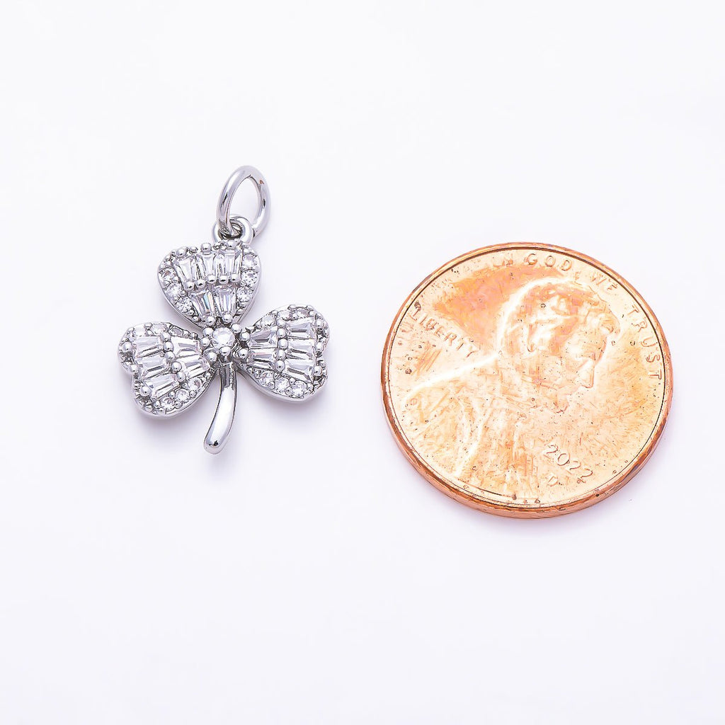 Silver 16.5mm Clear CZ Baguette Micro Paved Clover Plant Charm | Charms-01522