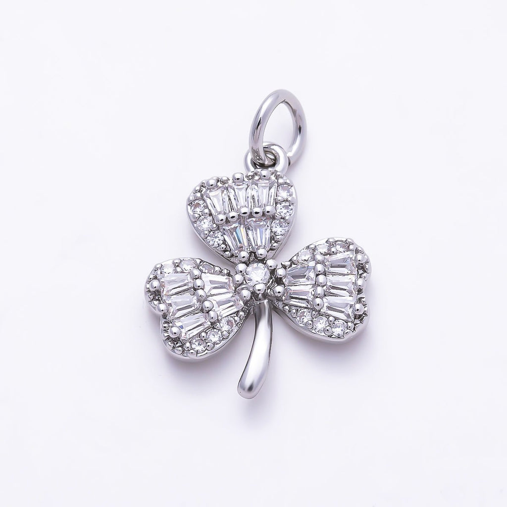 Silver 16.5mm Clear CZ Baguette Micro Paved Clover Plant Charm | Charms-01522