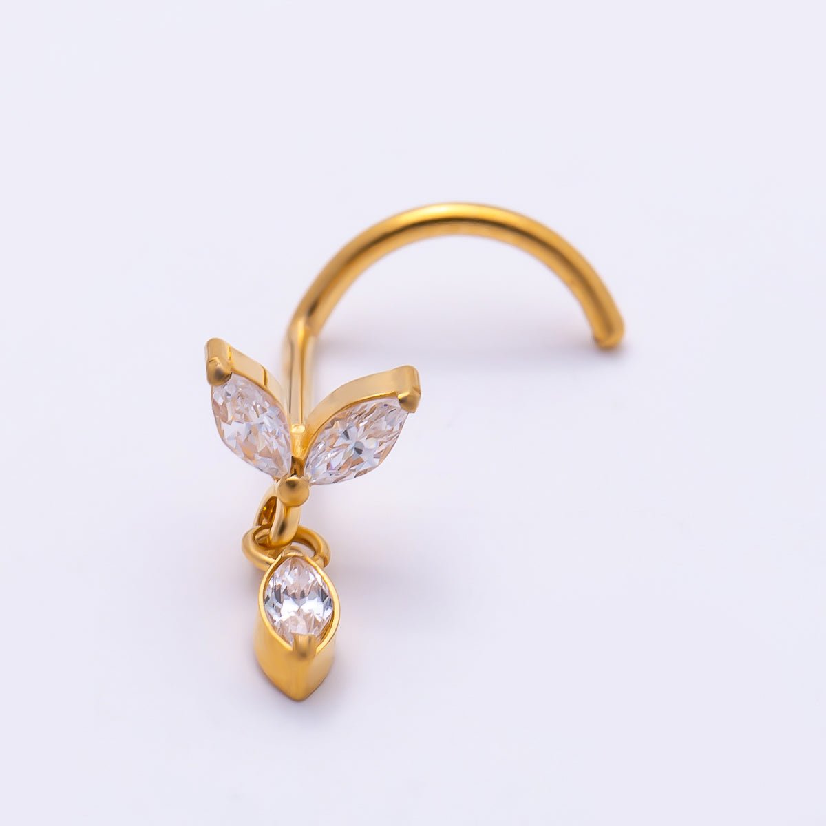 Titanium 9.5mm Marquise CZ Leaf Cartilage Nose Single Piercing Stud in Gold and Silver | BJ-00232 BJ-00233